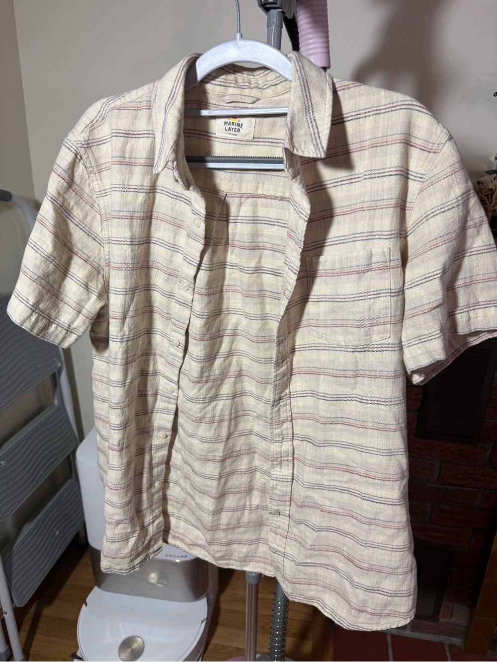 Marine Layer Cream Short-Sleeve Button-Down with Subtle Stripes
